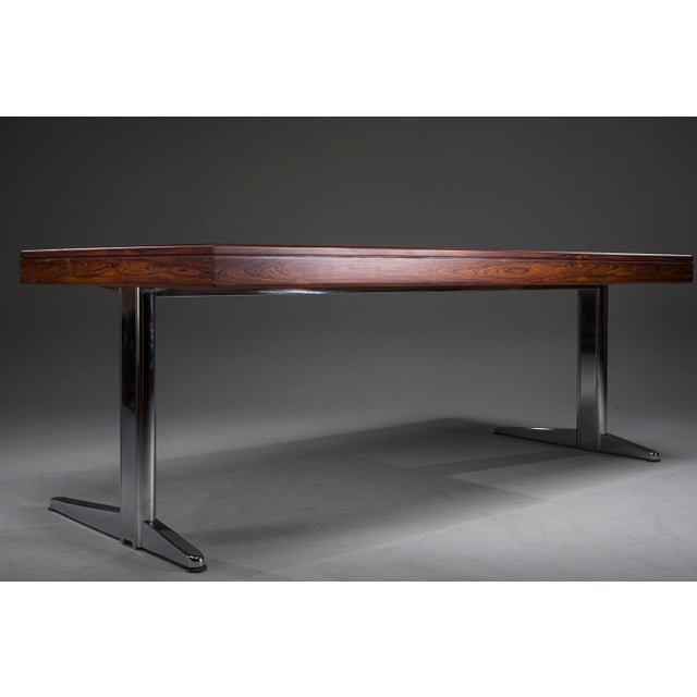 Wood Executive Desk in Fine Hardwood Veneer on Nickel-Plated Steel Legs, 1970s For Sale - Image 7 of 18
