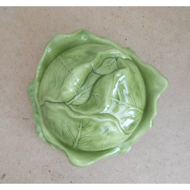 Vintage Majolica Cabbage Tureen Soup Bowl With Lid & Plate For Sale - Image 4 of 7