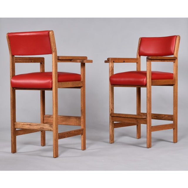 Red Leather and Oak Billiard Barstools With Cupholders, Restored For Sale - Image 9 of 12