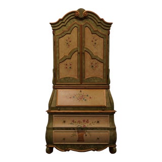 High End Contemporary Modern Country French 43" Secretary Desk and Bookcase Hutch W. Painted Floral Accents For Sale
