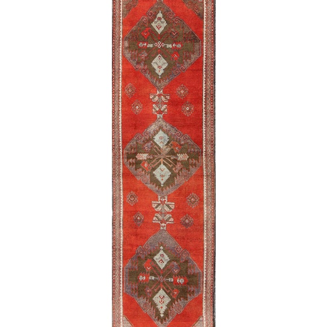 Tribal Vintage Turkish Oushak Runner in Burnt Orange, Moss Green, and Pale Blue 3' X 11'10 For Sale - Image 3 of 8