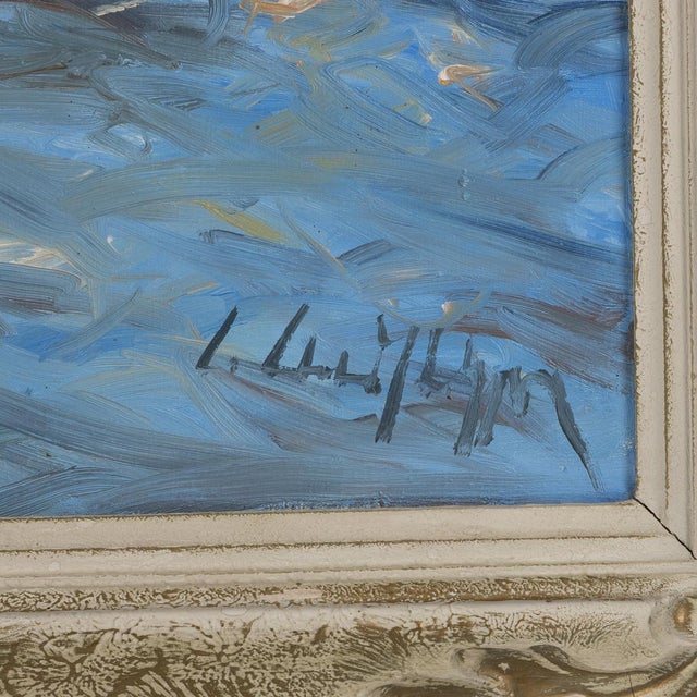 Post Impressionist Scandinavian Harbor Scene Oil Painting on Canvas, Framed, Mid-Century Coastal Landscape For Sale - Image 3 of 4