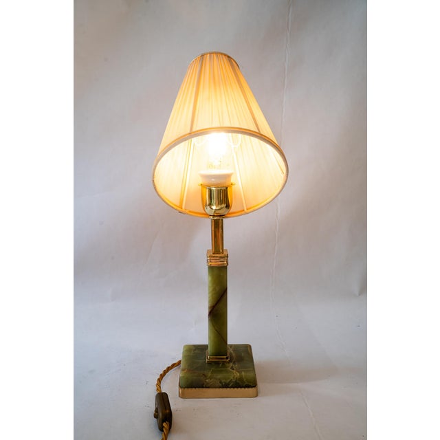 Art Deco Jade Table Lamp with Brass and Fabric Shade, 1920s For Sale - Image 9 of 18
