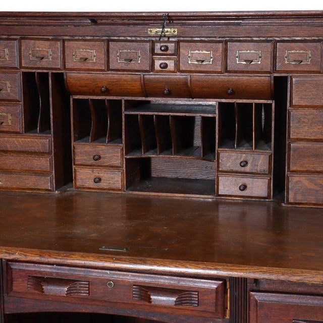 Wood Arts & Crafts Quarter Sawn Oak Paneled Roll Top Desk With Full Interior C1910 For Sale - Image 7 of 16