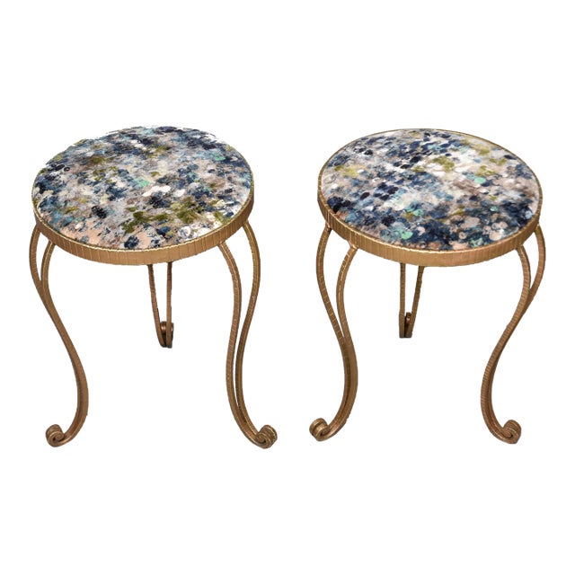 Vintage Gilt Iron Small Round Stools With New Italian Velvet Upholstery - Pair For Sale