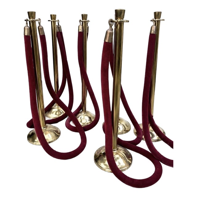 Vintage Mid Century Solid Heavy Brass Glaro Red Velvet Stanchions for Movie Theatre, Security, Set of Eight For Sale
