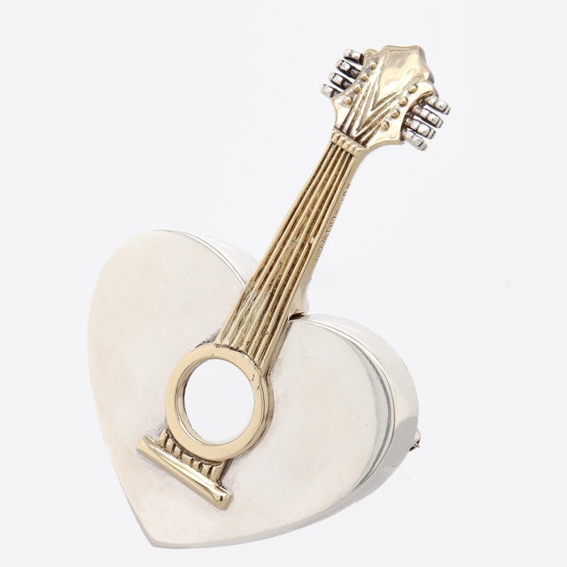 1980s Signed Arman for Movado Sterling Silver & 18k Gold Heart-Shaped Mandolin Brooch For Sale - Image 5 of 15