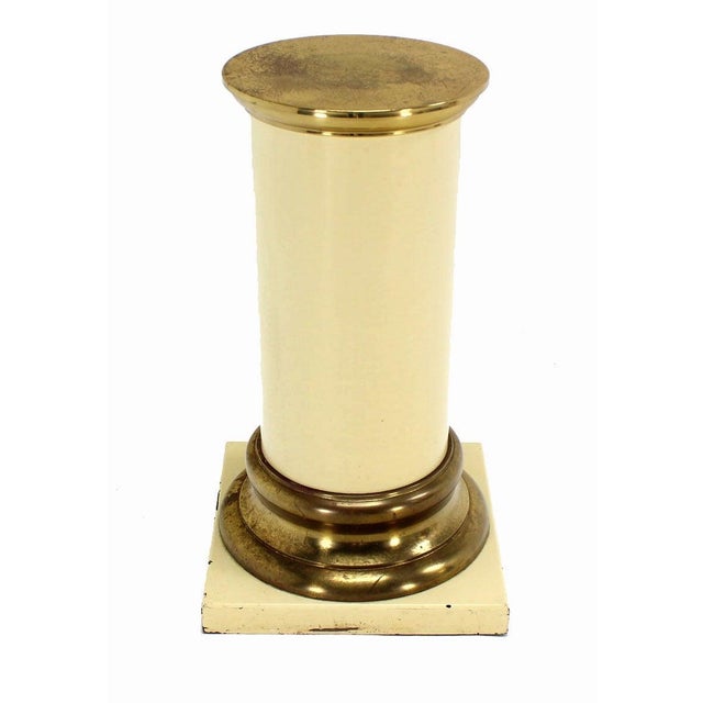 Brass Pair Brass and White Beige Lacquered Wood Round Pedestals Table Bases Stands For Sale - Image 8 of 8