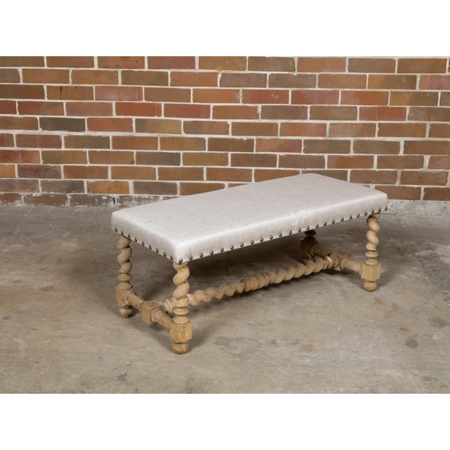 English 1900s Bleached Wood Bench with Barley Twist Base and Custom Upholstery For Sale - Image 9 of 12
