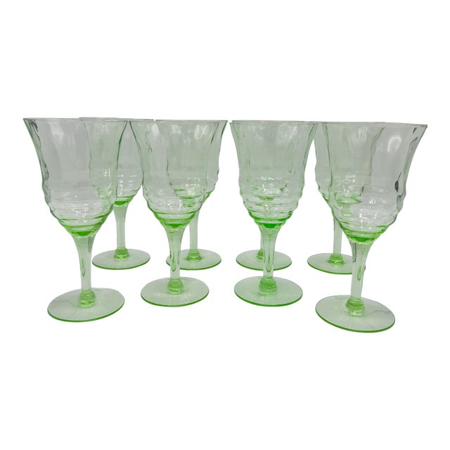 Vintage Weston Green Glass Wine Goblets Ripple Optic Pattern - Set of 8 For Sale