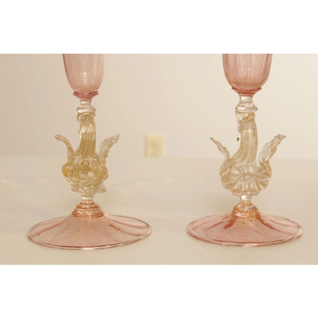 Antique Hand Blown Venetian Salviati Glass Trompet Vases with Swans - A Pair For Sale - Image 12 of 13