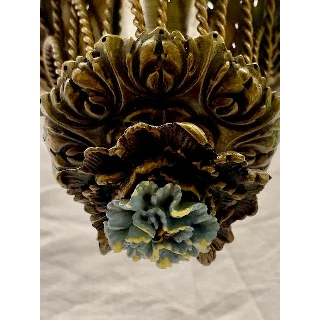 Small French Cast Brass Basket Light With Original Porcelain Flowers. For Sale - Image 10 of 13