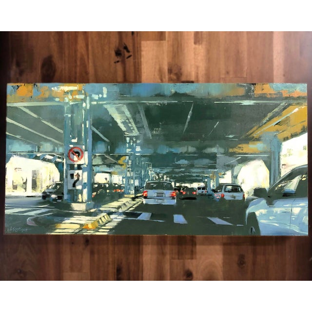 The artwork captures a dynamic urban scene beneath an overpass, where the interplay of light and shadow creates a moody...