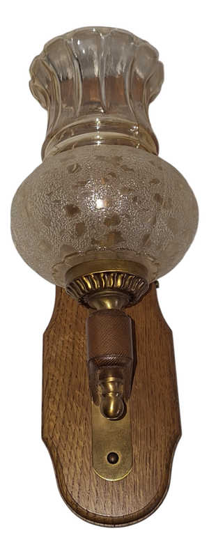 German Rustic Oak Wall Lamp with Brass Mounting and Lightly Tinted Glass Shade from Wortmann & Fitz, 1980s