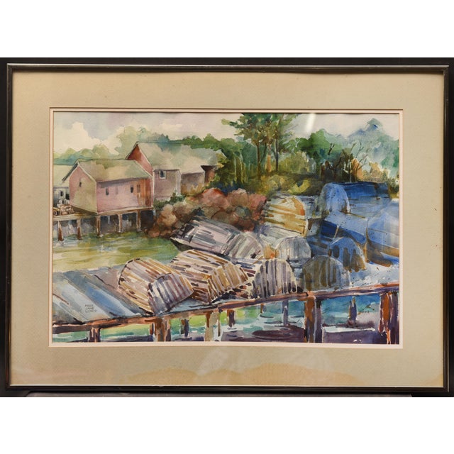 This atmospheric watercolor by Mary Jane Lynch, measuring 20" x 27", captures the peaceful charm of a coastal harbor. The...