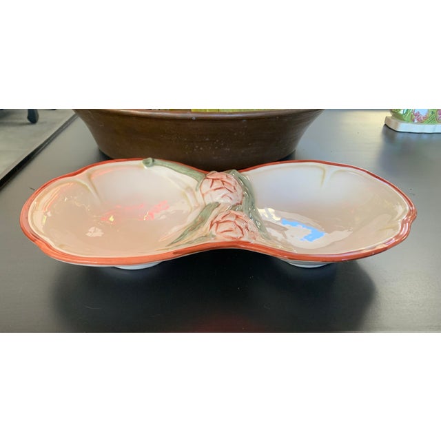 Vintage, Italian made majolica, hand painted divided dish by Carraro. The division in two bowl parts is made by a set of...