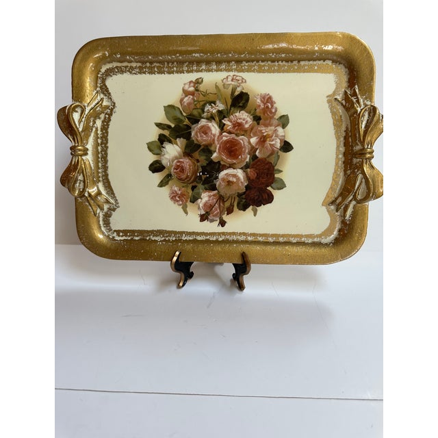 Tirinnanzi Italy Hand Painted Floral Gold Trim Bow Handles Serving Tray For Sale - Image 13 of 15