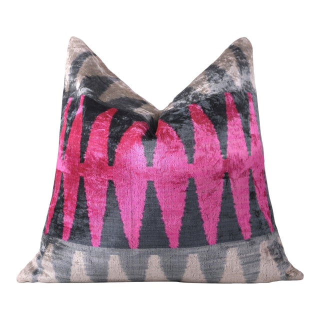 Handmade Velvet Zigzag Pillow – 24x24" Magenta & Gray Silk Cushion For Sale