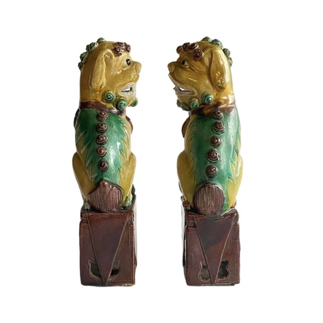 Ceramic Antique Chinese Foo Dog / Guardian Lion Mustard and Green Figurines - a Pair For Sale - Image 7 of 12