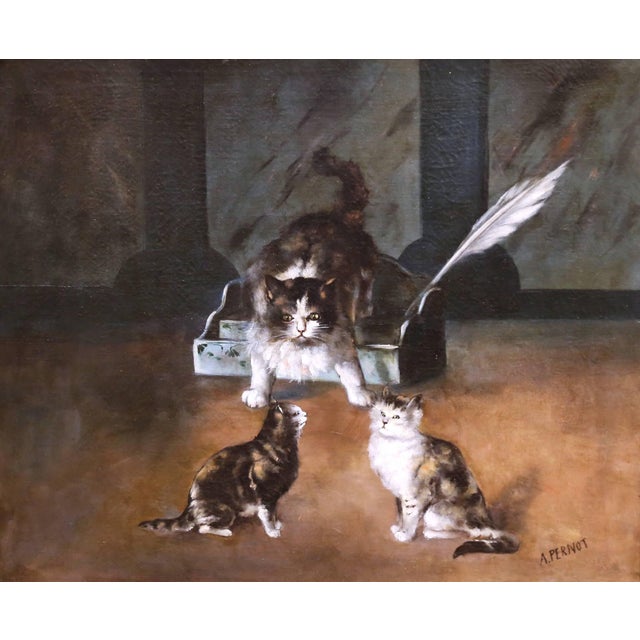Pair of 19th Century French Pendant Cat Oil on Canvas Paintings Signed A. Pernot For Sale - Image 12 of 18