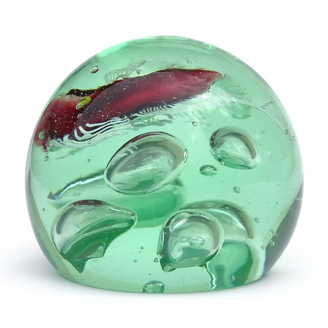 Green Murano Red Purple Gold Leaf Fish Large Bubbles Italian Art Glass Green Uv Reactive Paperweight, Cenedese Barbini For Sale - Image 8 of 9