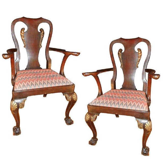 George II-style Hand-Carved and Parcel-Gilt Arm Chairs, England Circa 1810-1830 - a Pair For Sale - Image 10 of 13