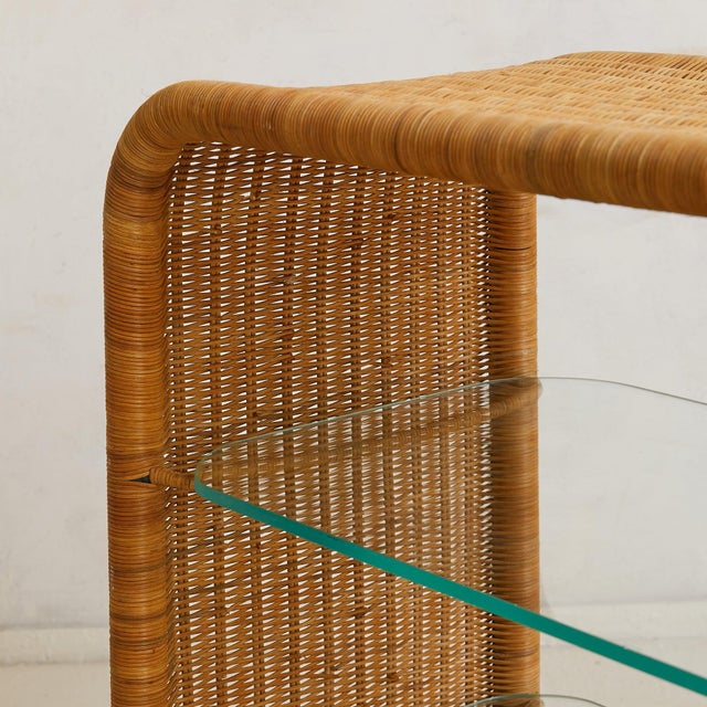 Mid 20th Century French Rattan + Glass Shelf in the Manner of Louis Sognot, 1960s For Sale - Image 5 of 9