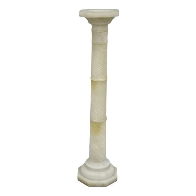 Antique Italian Neoclassical Carved Alabaster Spiral Column Narrow Pedestal For Sale