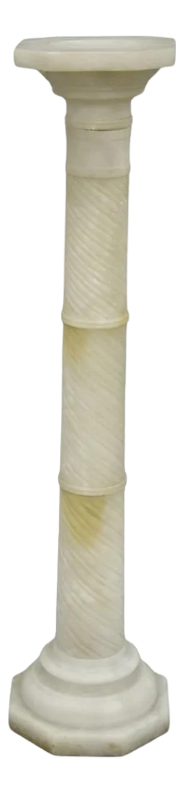Antique Italian Neoclassical Carved Alabaster Spiral Column Narrow Pedestal