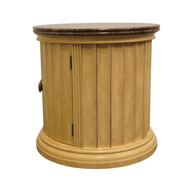 Wood Lexington Furniture Cream / Antiqued White Italian Neoclassical Tuscan Style 26" Round Accent Storage End Table W. Granite Top 343-214 For Sale - Image 7 of 11