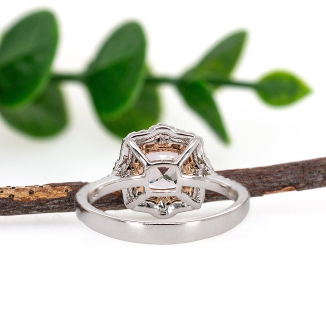 Metal Cor De Rosa Morganite Double Diamond Halo Ring in Solid 14k Gold | Cu 6mm, Size 6.75 For Sale - Image 7 of 8