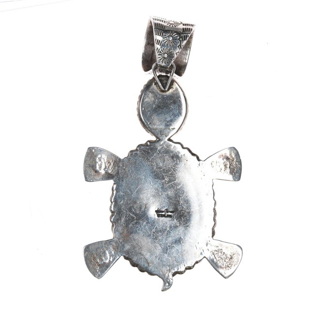 Huge Adam Fierro Mestizo sterling, turquoise, spiny oyster turtle pendant For Sale - Image 4 of 8