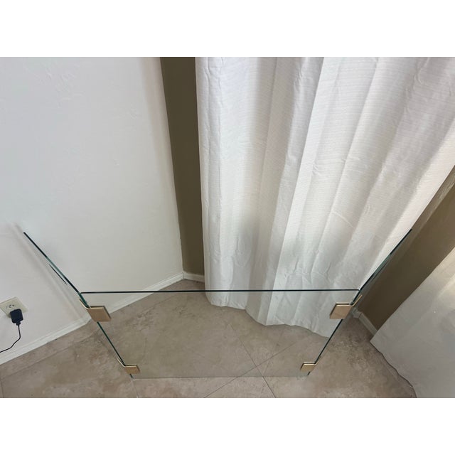Glass Mid-Century Modernist Tri-Fold Glass Fire Screen With Brass Hinges in the Style of Jacques Adnet For Sale - Image 7 of 12