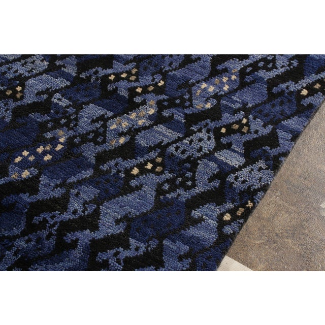 Blue Rug & Kilim’s Scandinavian Style Rug in All Over Blue, Black Geometric Pattern For Sale - Image 8 of 9