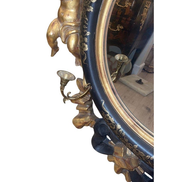 Italian 20th C. Rococo Style Ebonized & Giltwood Mirror W/ Putti & Candle Arms For Sale In Los Angeles - Image 6 of 8