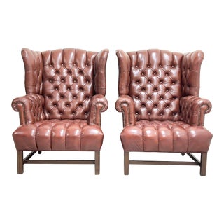 Pair of Vintage Tufted Leather Wingback Chairs For Sale