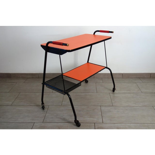 Vintage Orange Perforated Metal Serving Cart, 1950s For Sale - Image 6 of 13