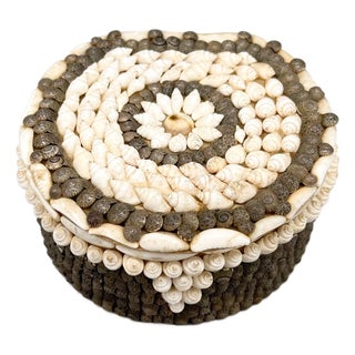 Vintage Shell-Encrusted Round Trinket / Jewelry Box - Hollywood Regency, Coastal, Organic Modern For Sale