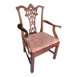 Vintage Chippendale, Georgin Ribbon-Back Armchair With Upholstered Seat For Sale