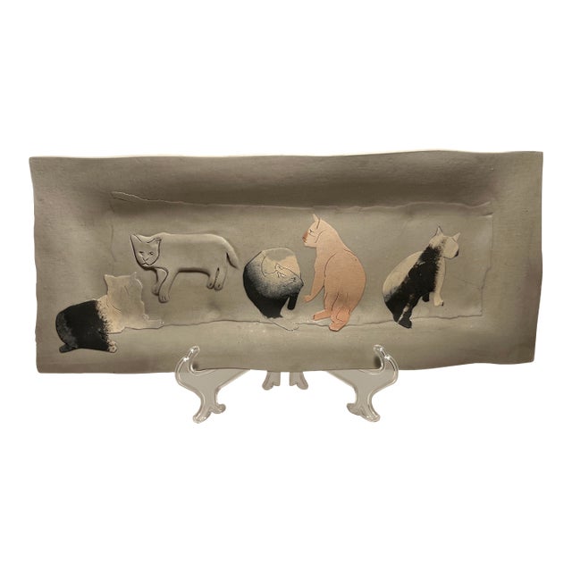 Vintage Kamrass Kiok Nyc Studio Pottery Tray With 5 Cats, Signed For Sale