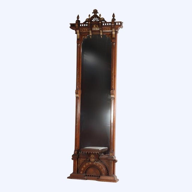 Traditional Eastlake Aesthetic Walnut Burl Hall Mirror Gilt Highlights C1870 For Sale - Image 3 of 18
