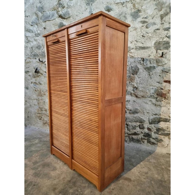Vintage French Tambour Cabinet in Oak, 1960s For Sale - Image 18 of 18
