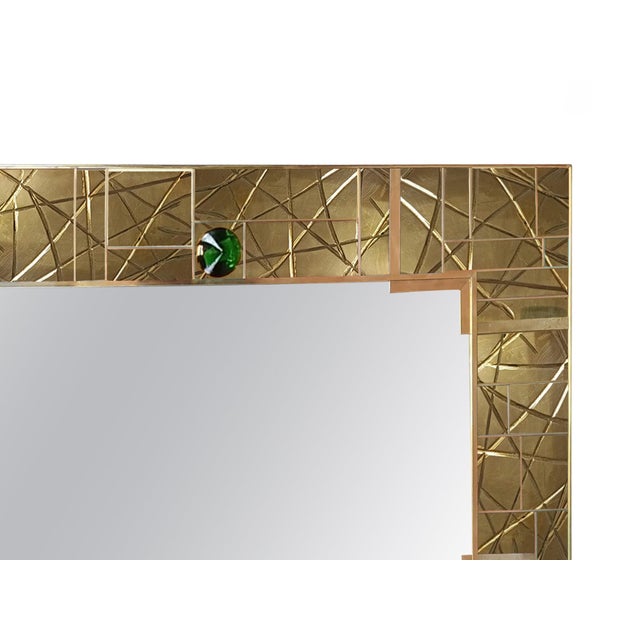Striped Brass Wall Mirror with 6 Green Murano Glass Jewels from Justfurnituress SRL For Sale - Image 4 of 5
