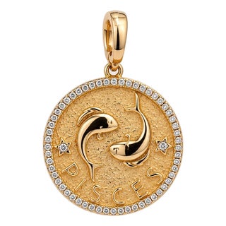 Late 20th Century 14k Yellow Gold Pisces Zodiac Sign Diamond Studded Pendant For Sale