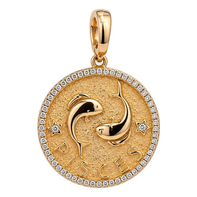Late 20th Century 14k Yellow Gold Pisces Zodiac Sign Diamond Studded Pendant For Sale