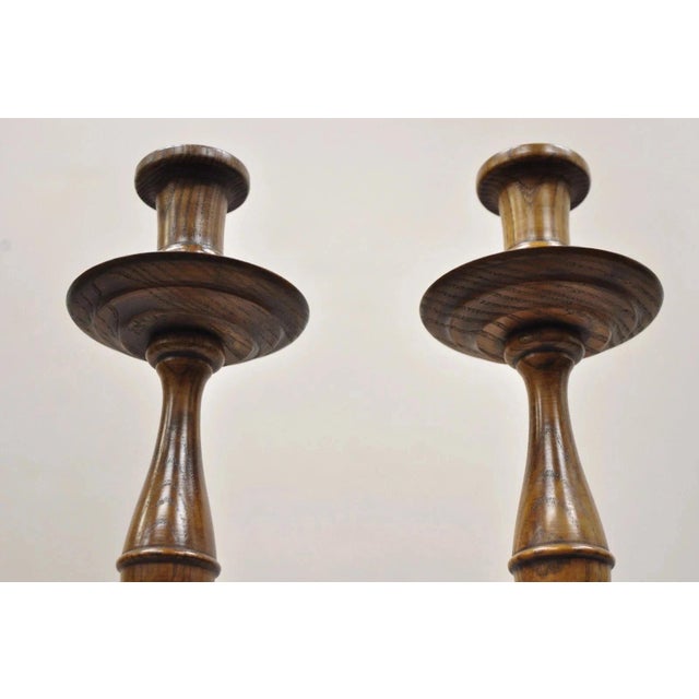 Brown Vintage Italian Renaissance Jacobean Turn Carved Oak Wood 18.5" Candlestick Pair For Sale - Image 8 of 10