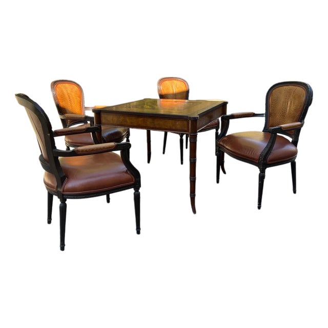 1990s Ethan Allen Faux Bamboo Game Table & Four Armchairs For Sale