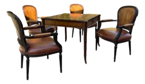 1990s Ethan Allen Faux Bamboo Game Table & Four Armchairs