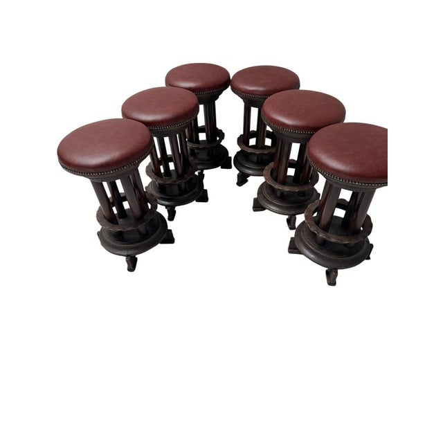 Brown Vintage Art Deco Amsterdamse School Stools with Leather Tops, 1920s, Set of 6 For Sale - Image 8 of 14