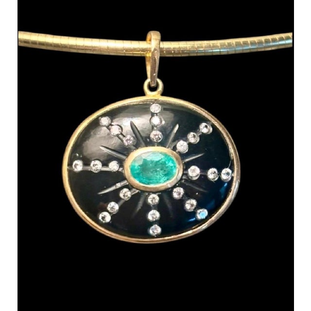 Metal Sol Pendant, Black Onyx With Emerald, Diamonds & 14k Gold For Sale - Image 7 of 11